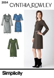 2054 SIMPLICITY CYNTHIA ROWLEY KNIT SHORT - LONG SLEEVE DRESS, COWL COLLAR PATTERN 6-14 UNCUT